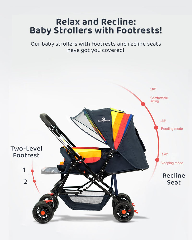 StarAndDaisy Sunrise Baby Stroller for 0-5 Years - Lightweight, 3-Point Harness, Adjustable Backrest, 360° Swivel Wheel, Large Storage, Reversible Handle, Extended Mosquito Net (Pi Rainbow)