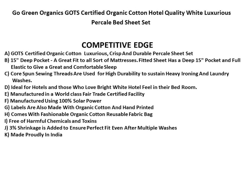 GO GREEN ORGANICS Organic Cotton Crisp Percale Bed Sheet Set - Luxury Hotel Quality - GOTS Certified - White - Deep Pocket - Easy Care - King