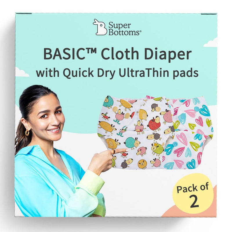 SuperBottoms BASIC Assorted Pack of 2 CPSIA Certified Cotton Cloth Diapers For Baby | Washable & Reusable | 0-3 Years | Freesize | Adjustable | Reduces Rash | With Quick Dry Pad/Insert