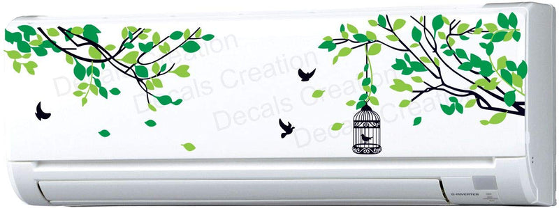 Decals Creation™ AC Sticker Wall Sticker Split Ac Stickers Tree with Birds and Cages Air Conditioner Sticker Standard Size