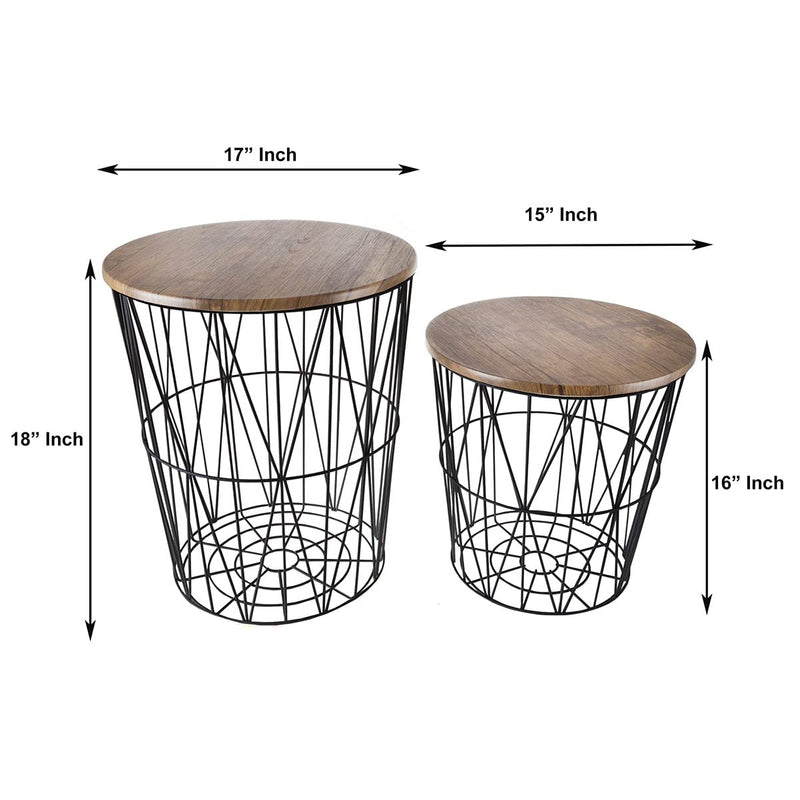 INTERIOR HANDICRAFT Metal Wire Basket and Wooden Top Nesting Coffee Table Set of 2, Black