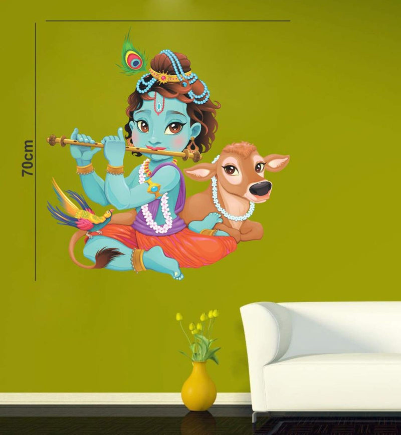 Walltech Lord Krishna Flute Playing with Cow Wall Sticker| Beautiful Design Wall Decoration Sticker