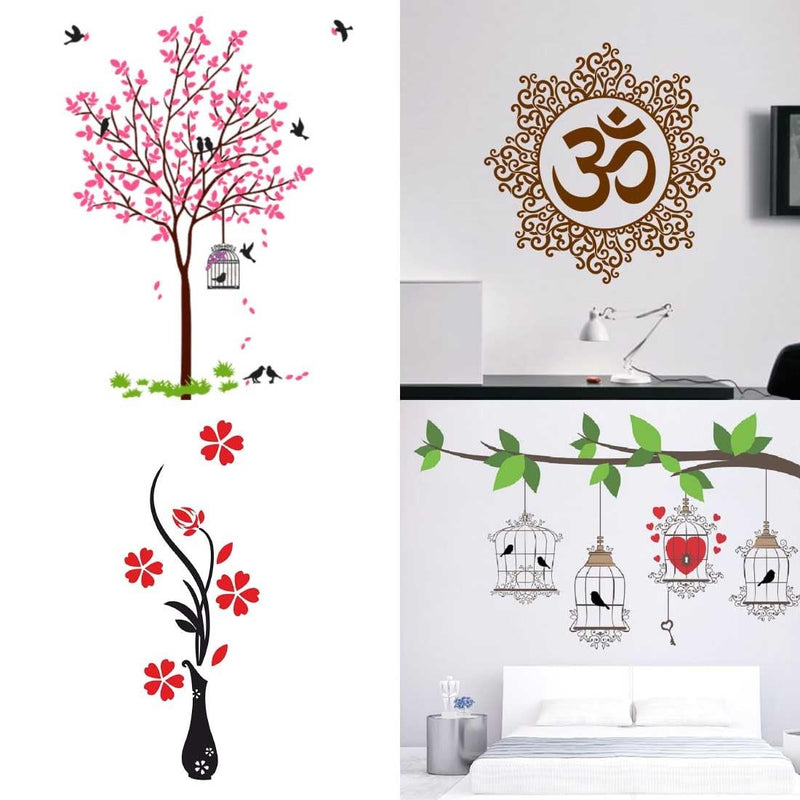 Merical Set of 4 Pink Tree Bird & Nest, Birdcase Key, Designer Om, Flower Vase Red, Wall Sticker for Wall D�cor, Living Room, Children Room