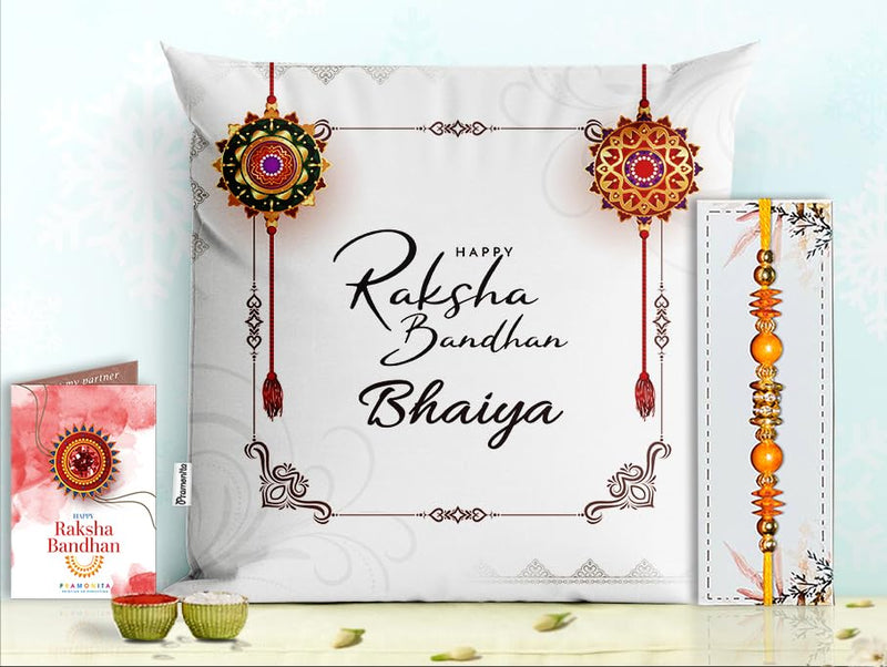 Pillow Rakhi for Brother with Gift - Rakhi with Rakhi Cushion with Filler Greeting Card- Rakhi for Brother, Gifts for Brother, Gifts for Rakhi, Gifts for Rakshabandhan Rakhi Gifts-PF-CU-16