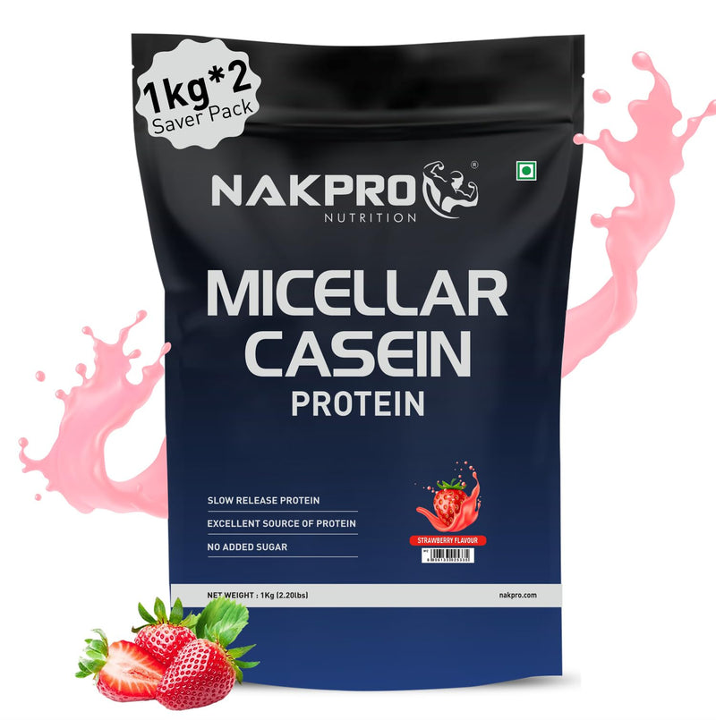 NAKPRO 100% Micellar Casein Protein Supplement |25g Protein, 9.91g EAAs, 4.83g BCAAss| Slow Absorbing Micellar Casein Protein Powder (Strawberry, 2 Kg)