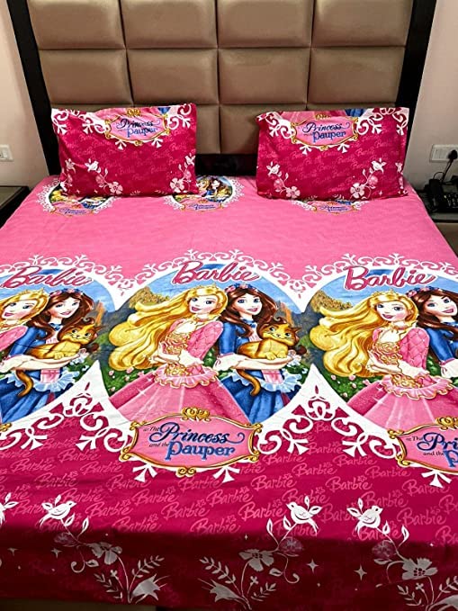 BLESS KRAFT Kids Cartoon Character King Size 100% Cotton Glace Bedsheet (Size: 95 X 108 Inches) GSM 230 (Princess)