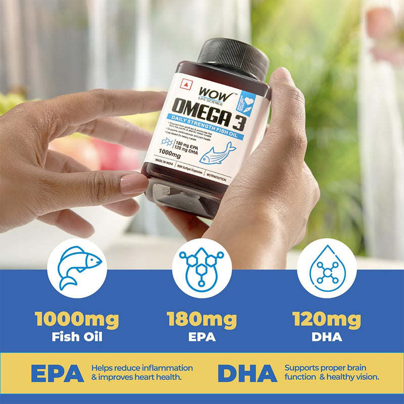 WOW Life Science Omega-3 Fish Oil 1000mg - 60 Capsules| For Men & Women | Daily Strength - 180 mg EPA & 120 mg DHA| For Muscle & Joint Support, Healthy Heart & Cognitive Support| No Fishy Burps