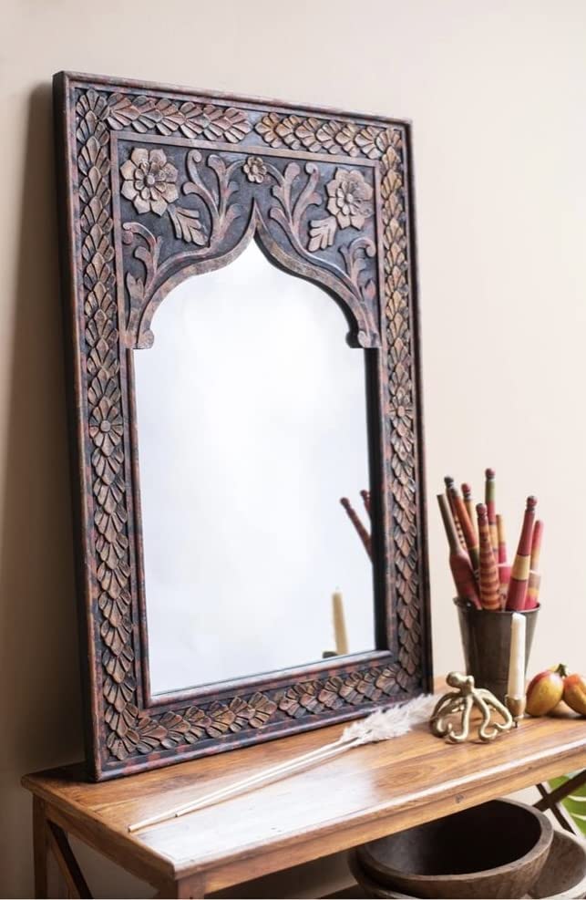 WoodIdea Wall jharoka Mount Wood Hand Crafted Oval Shape Vanity Mirror for Living Room (30x20 Inches, Copper Antique) (Hand Warking) No Glass Only Frame