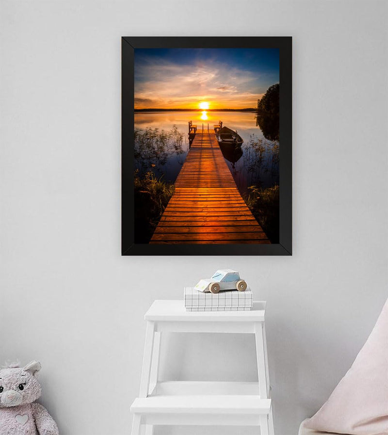 GADGETS WRAP Printed Photo Frame Matte Painting for Home Office Studio Living Room Decoration (11x17inch Black Framed) - Sunset Over Fishing Pier At Lake