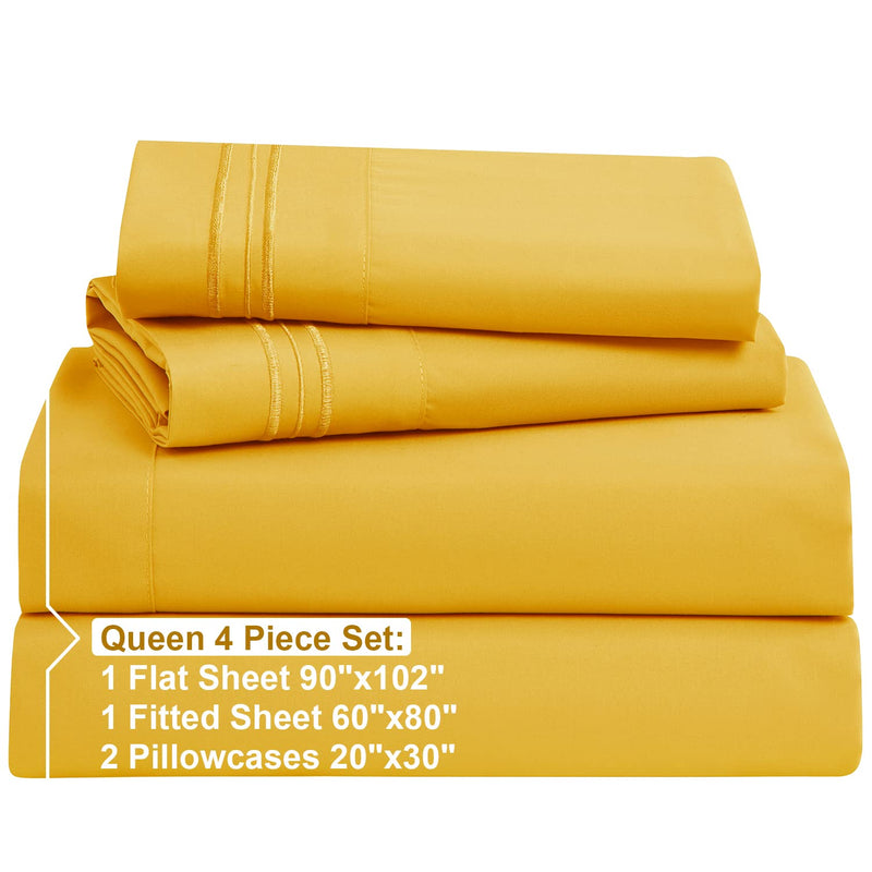 Queen , Yellow : Bed Sheet Bedding Set, 100% Soft Brushed Microfiber with Deep Pocket Fitted Sheet - QUEEN - YELLOW - 1800 Luxury Bedding Collection, Hypoallergenic & Wrinkle Free Bedroom Linen Set By Nestl Bedding