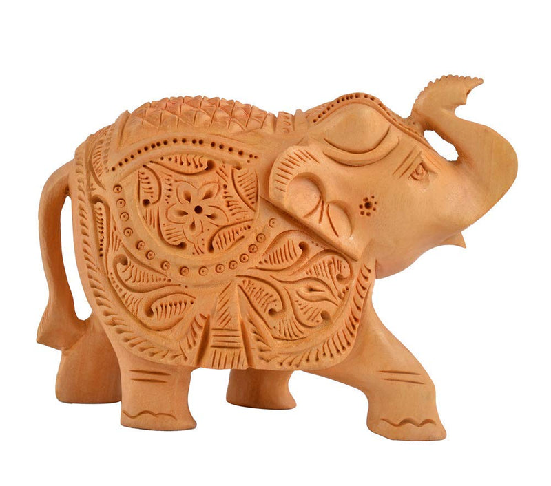 Apnoghar Wooden Elephant Carving Trunk Up (Brown, 10 Cm)