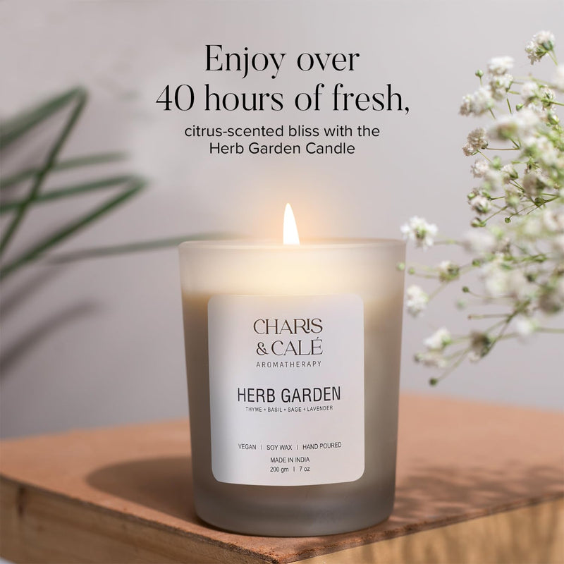 Charis & Cale Herb Garden Candle Jar - 200 Gm | Smokeless, Soot-Free & Non-Toxic Candles for Home Decor & Aromatherapy | Long Burning Time of 40+ Hours | Best for Gifting & Meditation