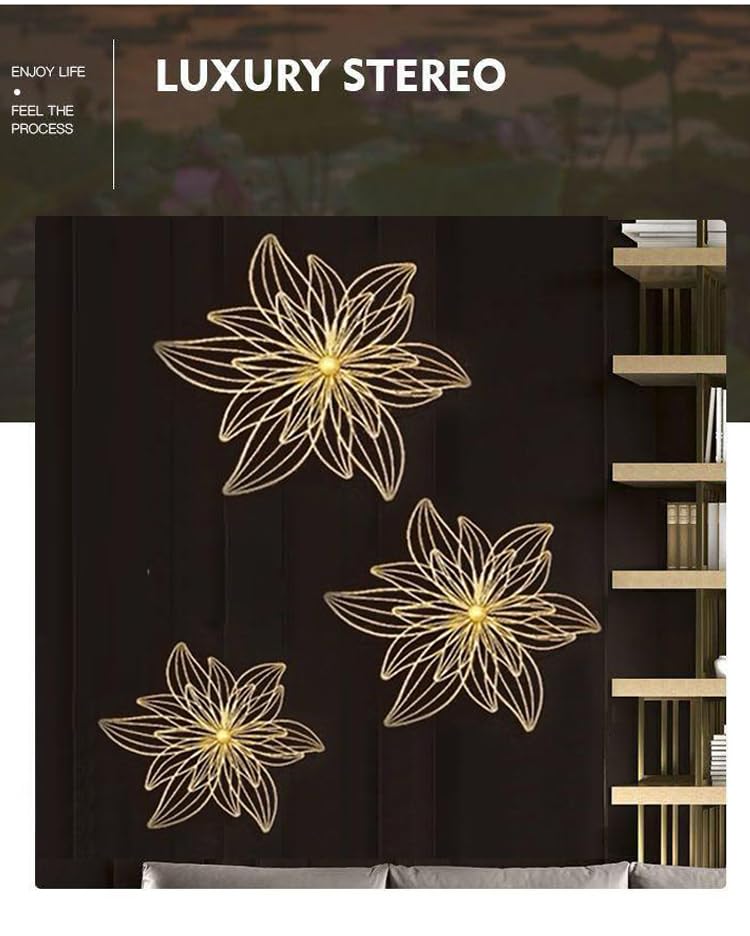 ZOVE Metal Set of 3 Pieces Golden Flowers Wall Art Hanging Perfect For Home, Hotel, Restaurant, Living Room Decoration (24 x 24 Inch)(Golden)