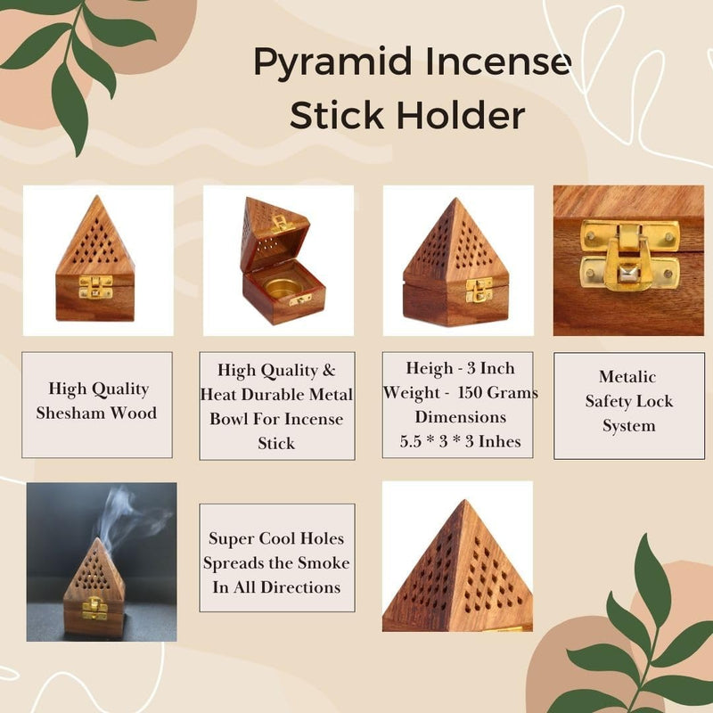 VDIX Multipurpose Pyramid Shape Incense Sticks Holder Wooden Incense Box Ash Catcher Home Fragrance Stand Holder Agarbatti & Dhoop Dan Positive Energy Pooja Brown 3 inch