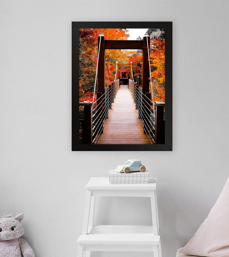 GADGETS WRAP Printed Photo Frame Matte Painting for Home Office Studio Living Room Decoration (11x17inch Black Framed) - Suspension Bridge & Autumn Trees View