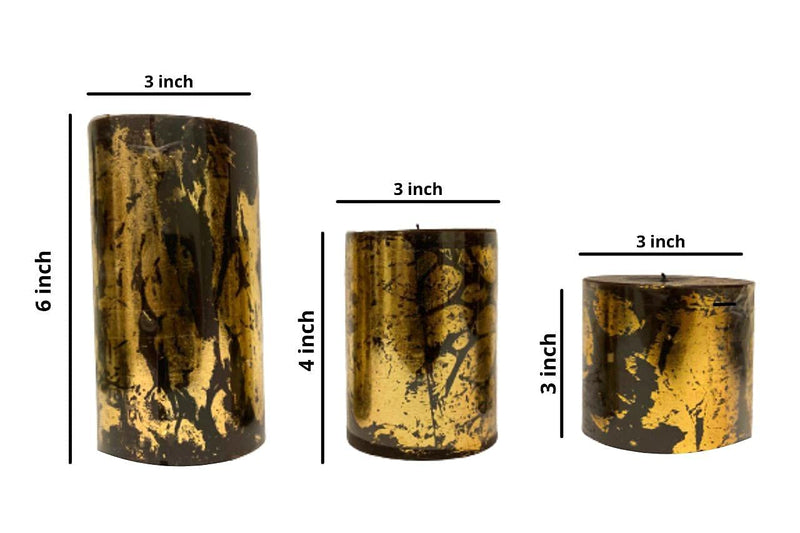 AuraDecor Unscented Pillar Candle Set of 3 (3inch*3inch, 3inch*4inch, 3inch*6inch) || Unscented || Long Burning || Gift Set || Set of 3 || Pillar candle. (Black Goldust)