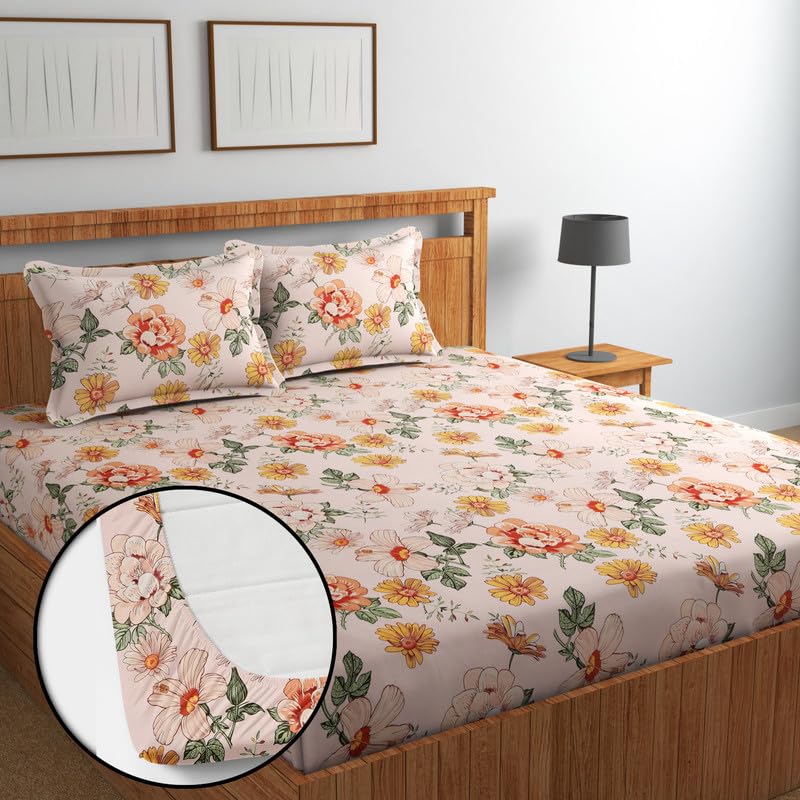 NEW BLATT'S Premium Cotton 210 TC Elastic Fitted Bedsheets with 2 Pillow Covers | Double/King Bed with All Around Elastic Wrinklefree Supersoft Breathable |Size-78 x72+10 inches | Floral Beige