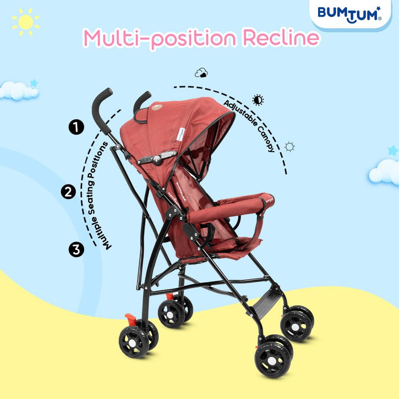 BUMTUM Baby Slim Trim Stroller/Pram for 6 to 36 Months, Reclining backrest, Reversible Handlebar for Babies, Toddler & Kids(Red)