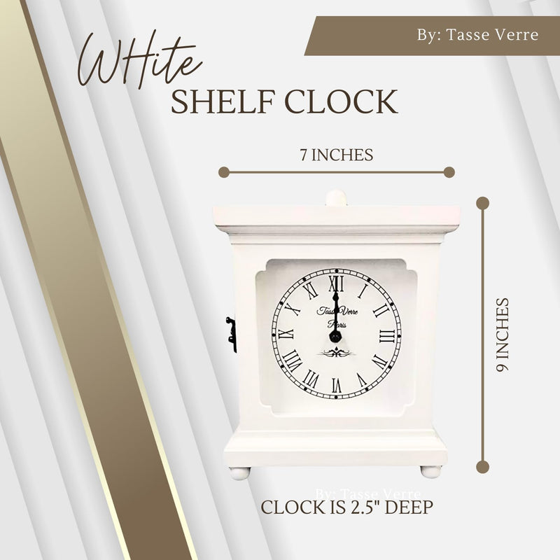 Tasse Verre Wood Clock for Shelf Table Or Desk 9"x7" - Farmhouse Decor White Mechanical Quiet Silent - Office, Bedroom Fireplace Mantel Living Family Room. AA Battery Operated Non-Digital