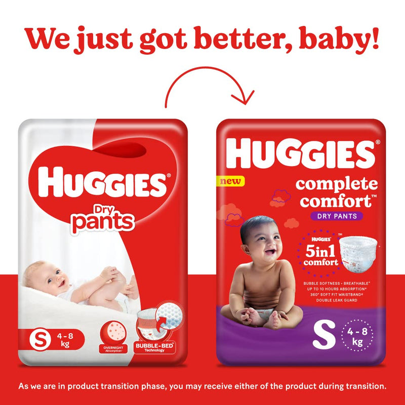 Huggies Complete Comfort Dry Pants Small (S) Size Baby Diaper Pants, 32 count, with 5 in 1 Comfort