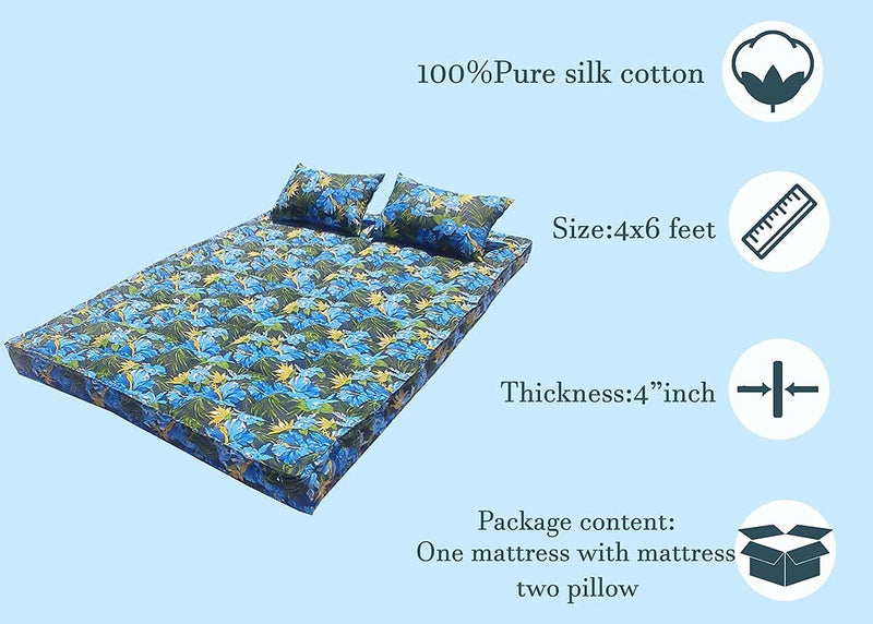 VG MATTRESS Organic Kapok Silk Cotton Ilavam Panju Semal Double Cot Mattress,6 x 4 ft / 72 x 48 x 6 inch with 2 Pillows,Multicolour.