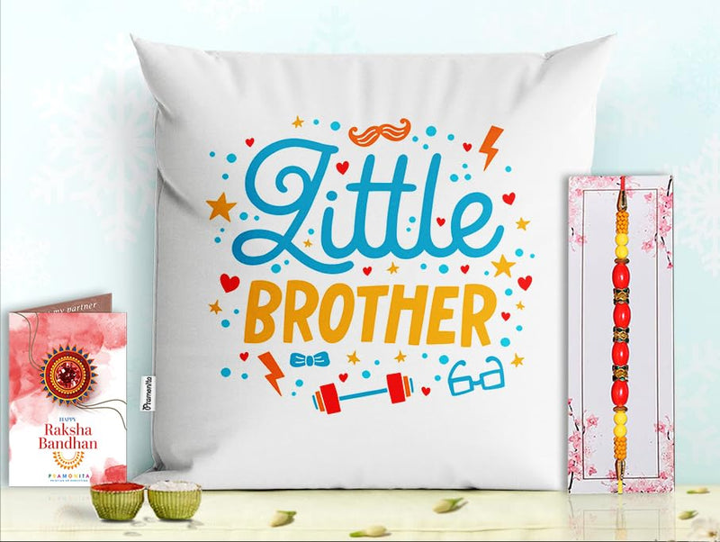 Pillow Rakhi for Brother with Gift - Rakhi with Rakhi Cushion with Filler Greeting Card- Rakhi for Brother, Gifts for Brother, Gifts for Rakhi, Gifts for Rakshabandhan Rakhi Gifts-PD-CU-19