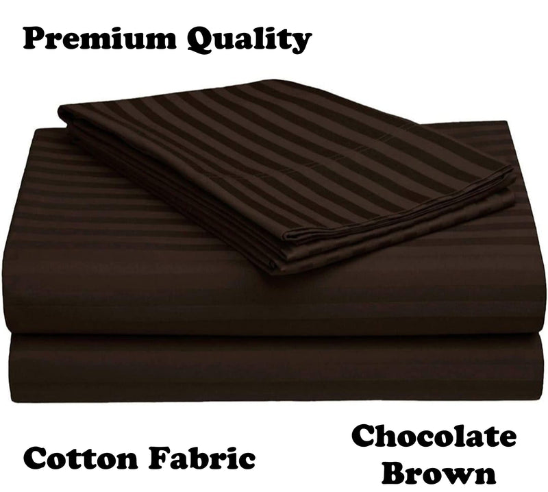 MUKESH HANDICRAFTS Cotton Striped 300 Tc Single Bedsheet/Flat Sheet with 1 Pillow Covers -60x90 inch (Chocolate Brown)