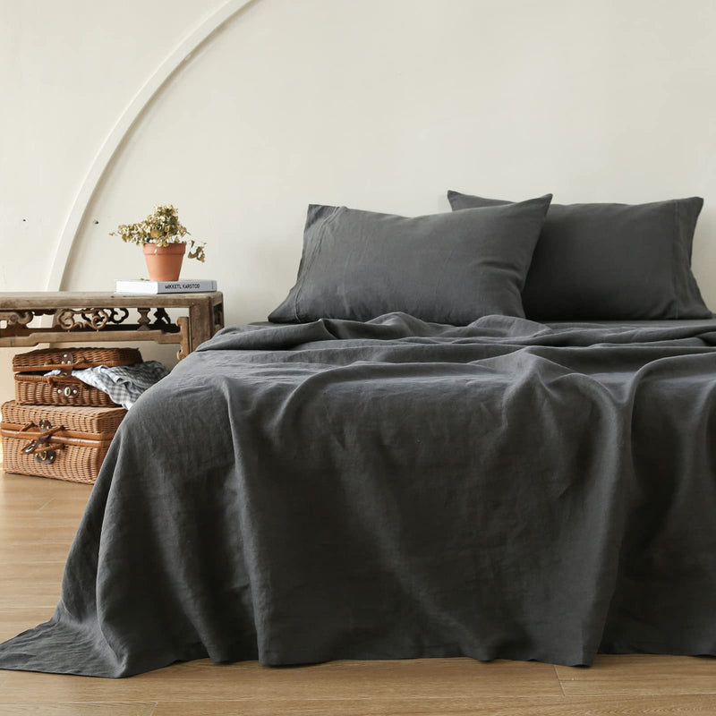 Simple&Opulence French Linen Flat Sheet with Embroidered Border-100% Stone Washed Flax Bedding,King Size(108''x102'') Ultra Soft,Breathable Flat Top Sheet-1 Piece Bed Flat Sheet Only(Dark Grey)