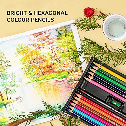 Doms Super Soft Hexagonal Pre-Sharpened Water Soluble Colour Pencils | Free Watercolor Paper, Sharpener & Water Brush | 3.3mm Watercolor Lead | 12 Shades | Pack Of 1