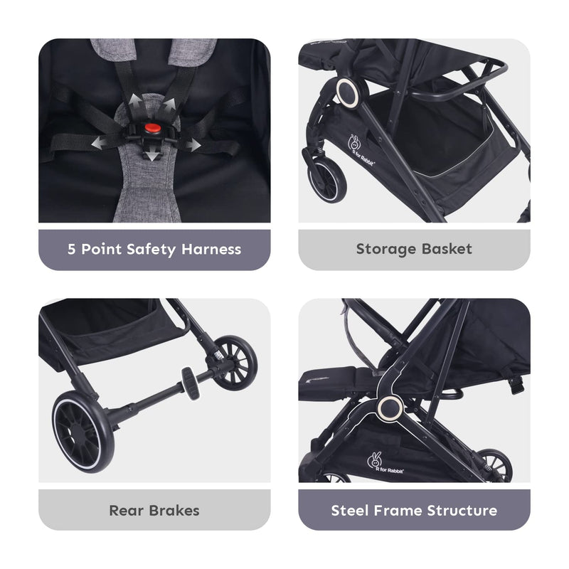 R for Rabbit Pocket Air Stroller Baby Stroller | Portable Travel Friendly Pre Installed Baby Stroller and Pram for Baby / Newborn | Stroller for Baby Boys & Girls of age 0 to 3 Years | 6 Months Warranty | (Grey)