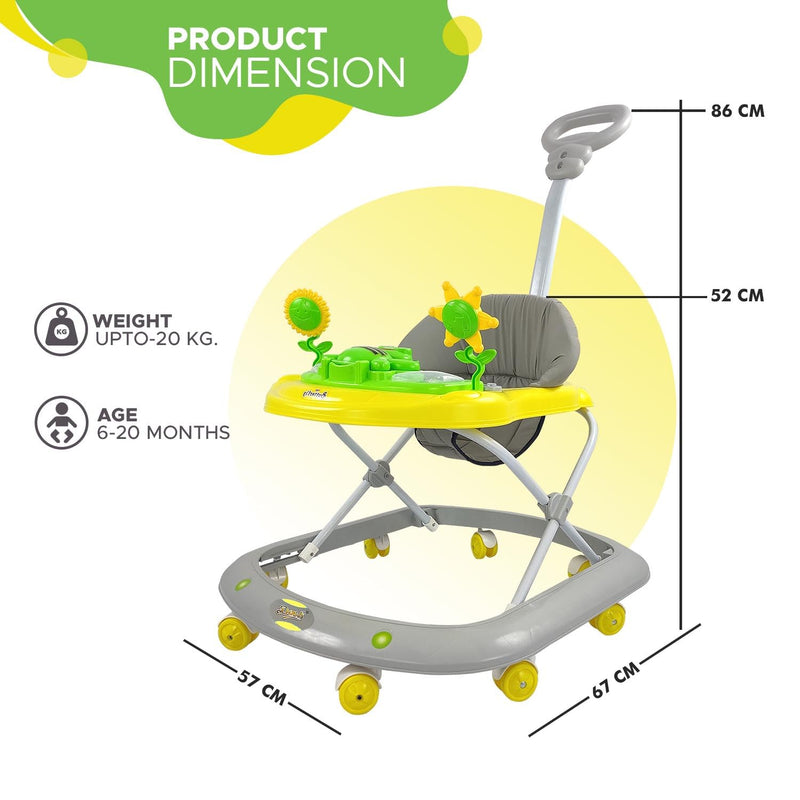 Dash Butterfly Deluxe Baby Walker with 3 Position Adjustable Height Music & Light & Parental Handle, Foldable Activity Walker, Baby 6-18 Months boy, Walker for Kids (Capacity 20kg | Yellow)