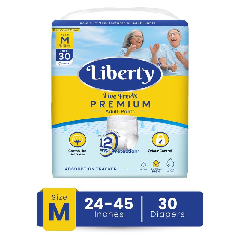 Liberty Premium Adult Diaper Pants, Medium (M) Size, 30 Count, Waist Size (61-115cm | 24-45 inches), Unisex, Leak Proof, Extra Elastics, High Absorbency, 12 Hrs protection, Pack of 1