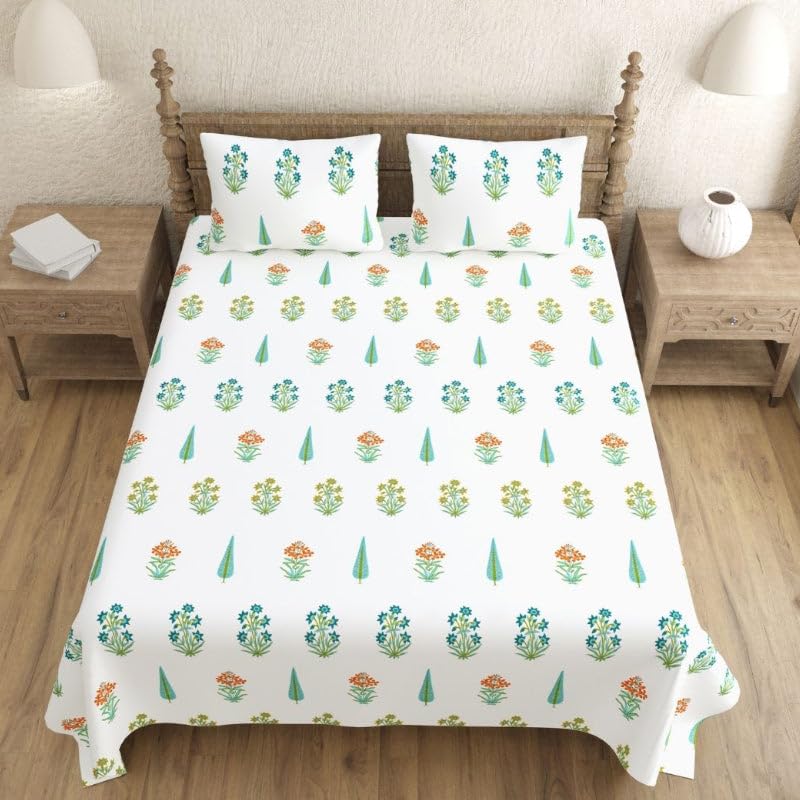 TIQH Breathability Hand Block Jaipuri Printed 260 TC 100% Cotton Luxurious Handmade Super King 108"x108" Bed Sheet with Pillow Covers (White-Green)