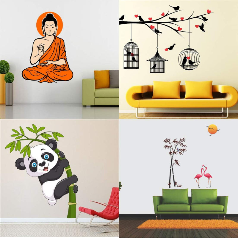 Walltech Combo of 4 Wall Sticker Yogi Buddha-(90 x 60 cms) | Love Birds with Hearts-(125 x 85 cms) | Baby Panda-(120 x 95 cms) | Flamingos and Bamboo-(150 x 125 cms) - Material Vinyl