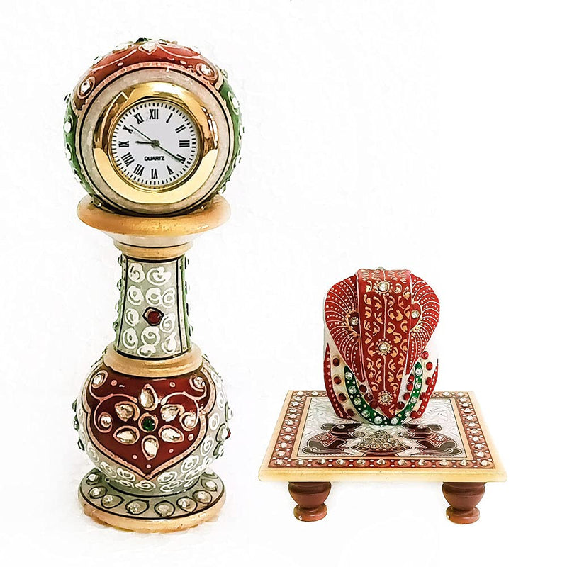 Handicraft Kingdom White Marble Table Clock with Ganesh Chowki | Ethnic Design Gold Painted Handmade Round Beautiful Meenakari Work Plate Watch| Approx Size (2 x 6 Inch) & Wt (600 Gm) Pack of 4