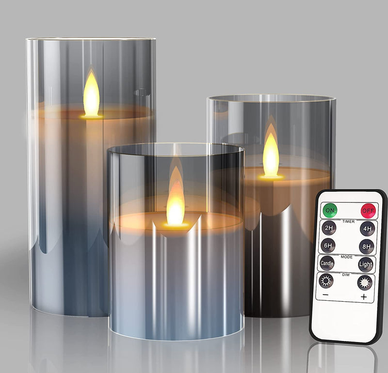 Auslese® Glass Flickering LED Flameless Realistic Swing Electric Pillar Candles Battery Operated with Remote Control and Timer, Wax+Grey Glass, D3 H4 5" 6", Set of 3 (Grey)