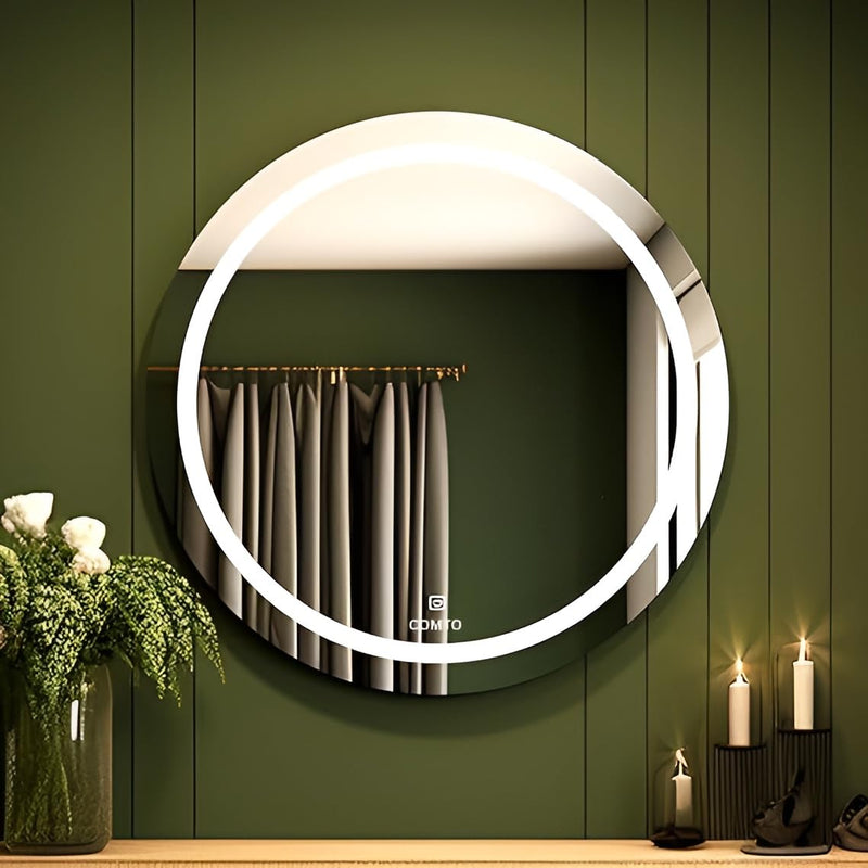 COMTO Round LED Wall Mirror for Bathroom Wash Basin Mirror 3 LED Lights (Warm,White,Natural White) Size 28x28 Inch Framed