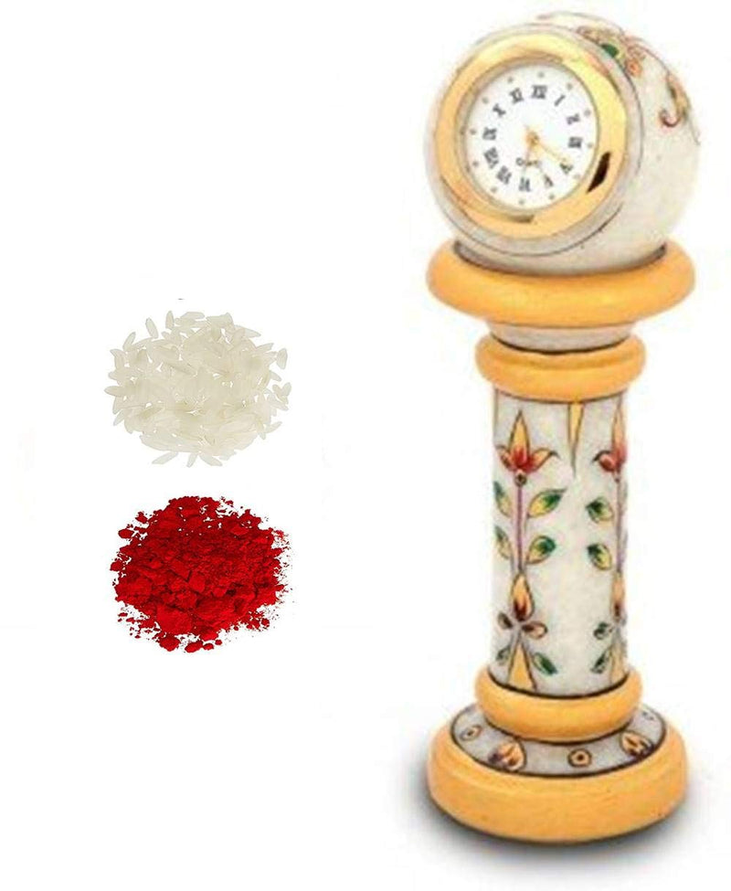 Purpledip Marble Table Clock & Roli Chawal Tika: Bhai Dooj Diwali Gift Hamper (bd3a)