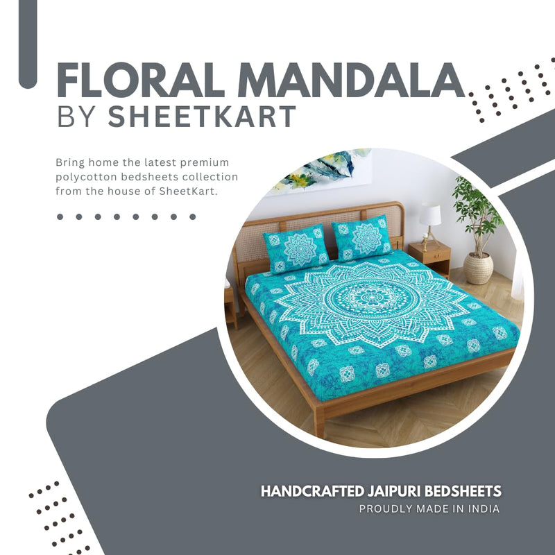 SheetKart Cotton Blend Traditional Mandala Jaipuri Printed Bedsheet for Double Bed King Size with 2 Pillow Covers - Sea Green