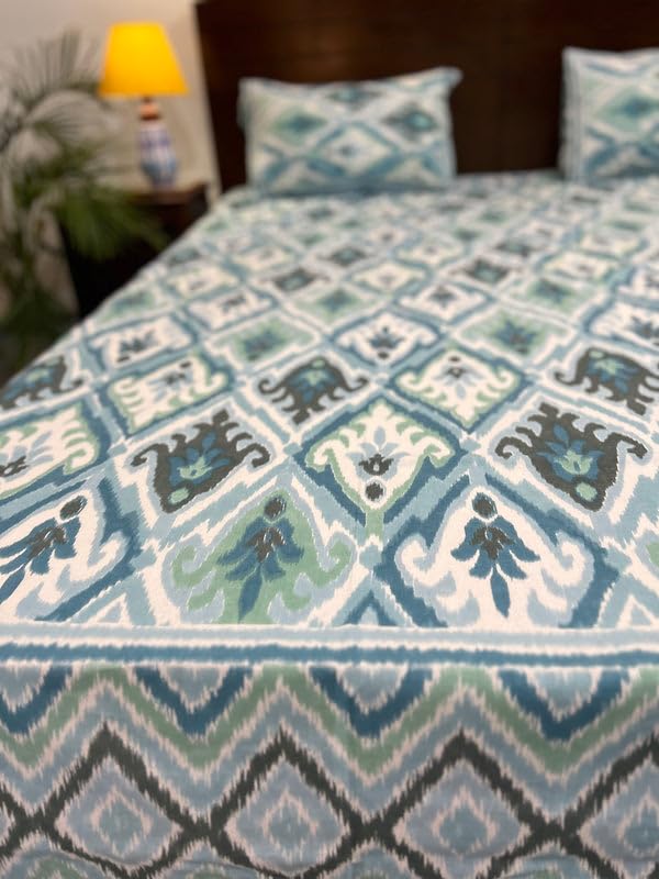 INDIEROOTS BY RENE Indiroot Jaipur Super King Size | 108 * 108 inches | Shades of Aqua Ikkat