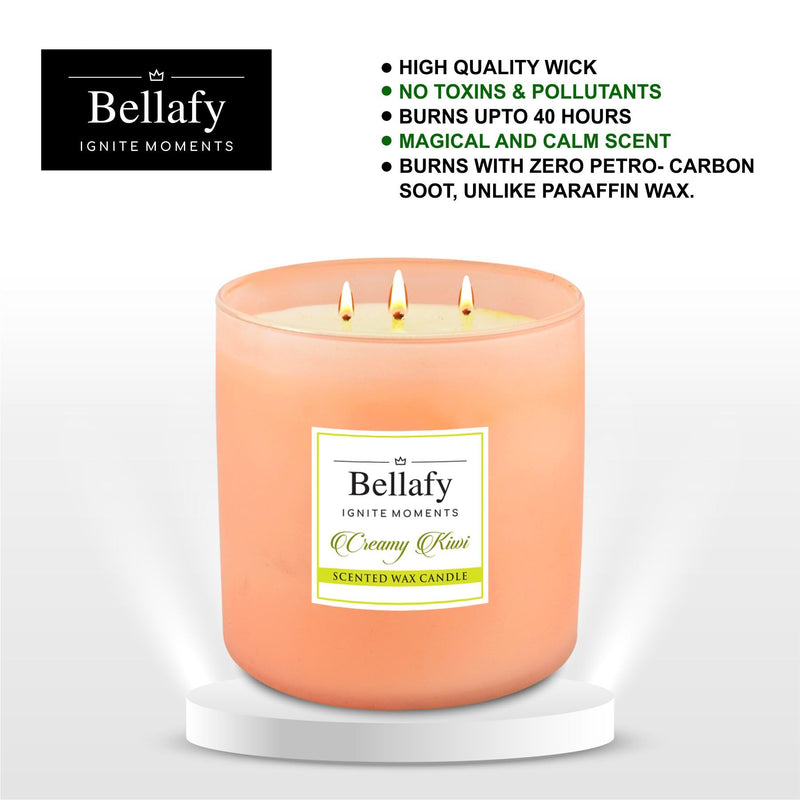 Bellafy 3-Wick Creamy Kiwi Scented Soy Wax Candle | Burns 40 Hours | Eco-Friendly Luxury for Healthier Homes | Captivating Aromas | Zero Petro Carbon | Natural Beauty & Blissful Fragrances