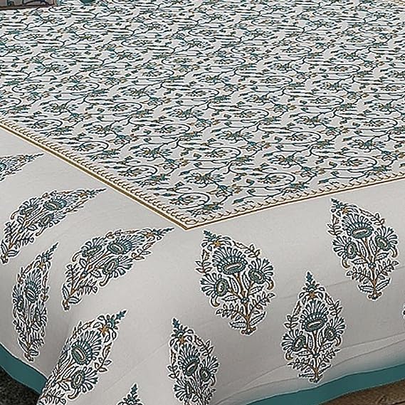 Pure Cotton Sanganeri Printed Jaipuri Bedsheet for Double Bed Queen Size with 2 Pillow Covers 260Thread Count (White Sky Blue)