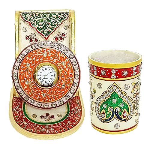 Handicraft Kingdom Mobile Holder for Bed and Table | Smartphone Desktop Stand with Inbuilt Small Clock & Pen Organizer for Office & Kitchen | Approx Size (4.5 Inch) & Wt (800 Gm) Pack of 2