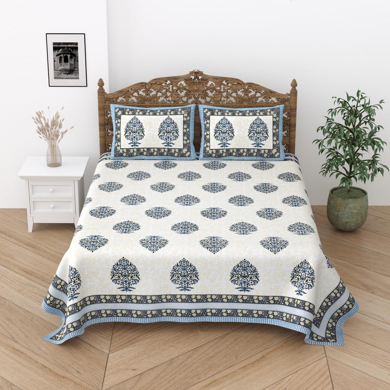 RF Relaxfeel 240TC Premium Cotton Rajasthani Jaipuri Sanganeri Print Single Size Bedsheet with 1 Pillow Cover(60x90 Inch, whiteskypatta)