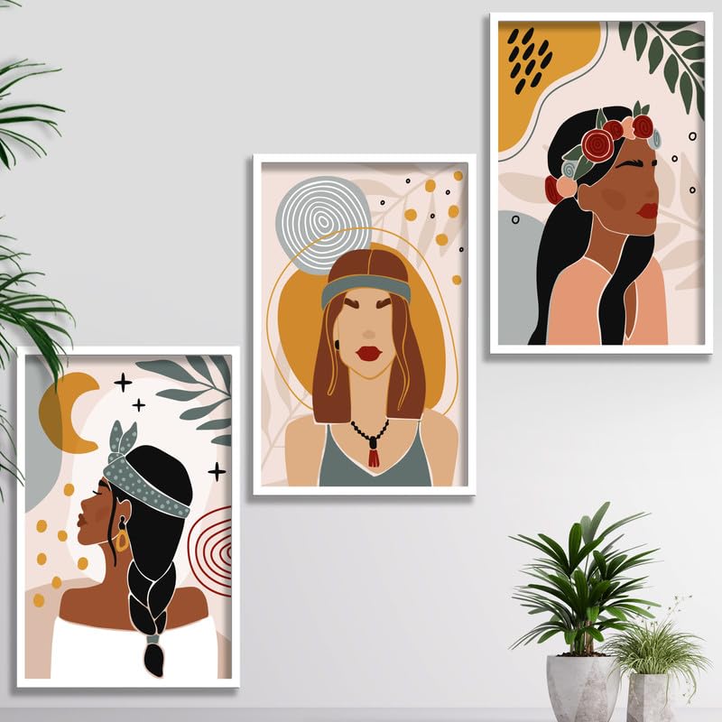 SAF paintings Set of 3 Abstract ladies Boho modern art design Premium white Framed Bohemian wall painting for for Wall, Home and Living Room Decoration 80 cms x 34.29 cms COMBO-2083-K3