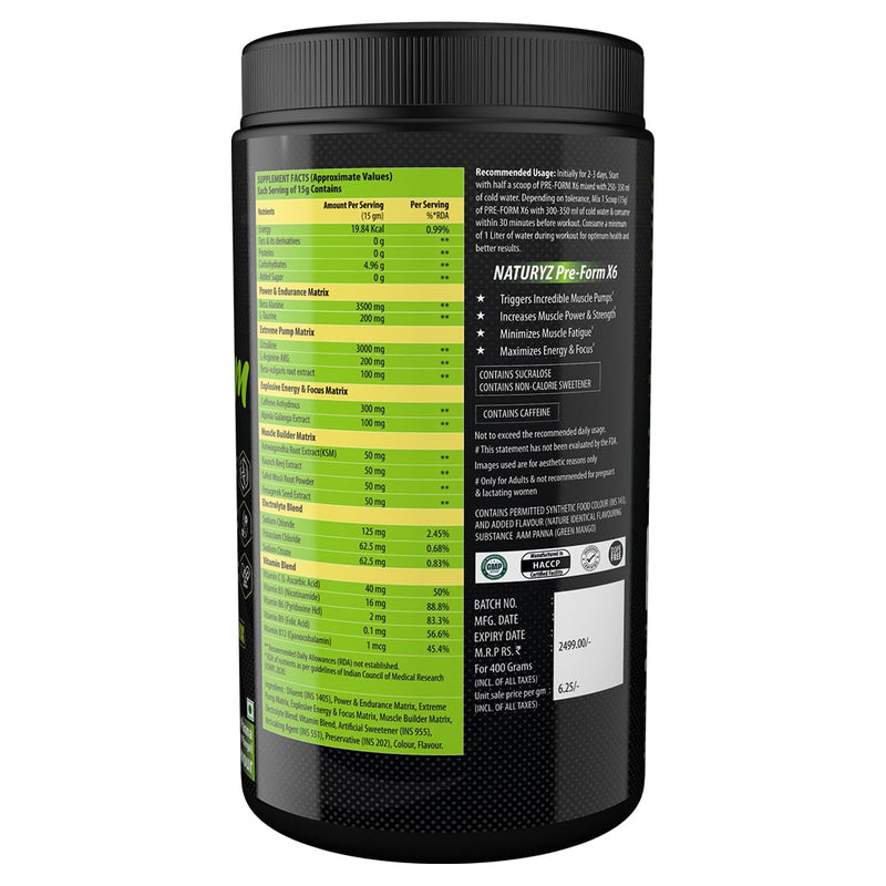 Naturyz Pre - Form X6 Pre Workout Supplement With Highest 19 Nutrients For Extreme Pump, Powder, Endurance, Energy, Focus, Muscle Builder, Vitamins & Electrolytes- 400G (Aam Panna Flavour)