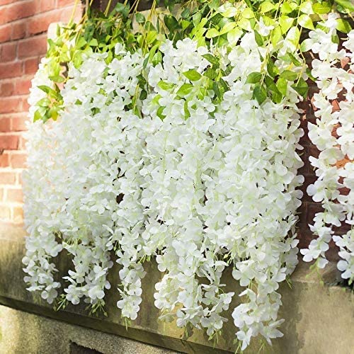 Artright Artificial Wisteria Flowers Vine Garland 12 Pack Fake Wisteria Vine Garland Hanging Flowers for Wedding Silk Long Bush Flowers String Home Party Decoration, Blue (White)