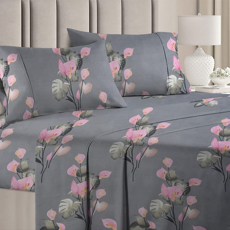 BSB HOME 160 TC Glace Cotton Double Floral Bedsheet with 2 Pillow Covers | 125 GSM Soft Brushed - Breathable & Wrinkle Free - (90 X 90 Inch, Grey & Pink)