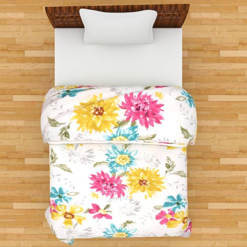 Linenovation 300 GSM Reversible Microfiber AC Comforter/Duvets Printed for Mild Winter | All Season King Size 3 Layered Quilted Printed Blanket for Double Bed (228 cm x 254 cm, Floral, Blue & White)