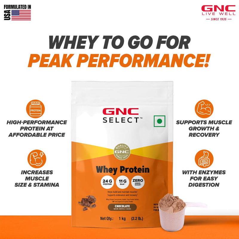 GNC Whey With Free Shaker | 2.2 LBS (1KG) | Chocolate | Digestive Enzyme For Better Digestion |24 Gm Protein| Faster Muscle Recovery | Boosts Strength & Endurance | Zero Added Sugar | Builds Lean Muscles | Formulated In USA | Imported